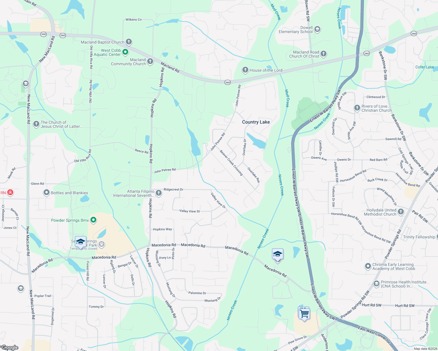 map of restaurants, bars, coffee shops, grocery stores, and more near 3207 Craven Ridge Drive in Powder Springs