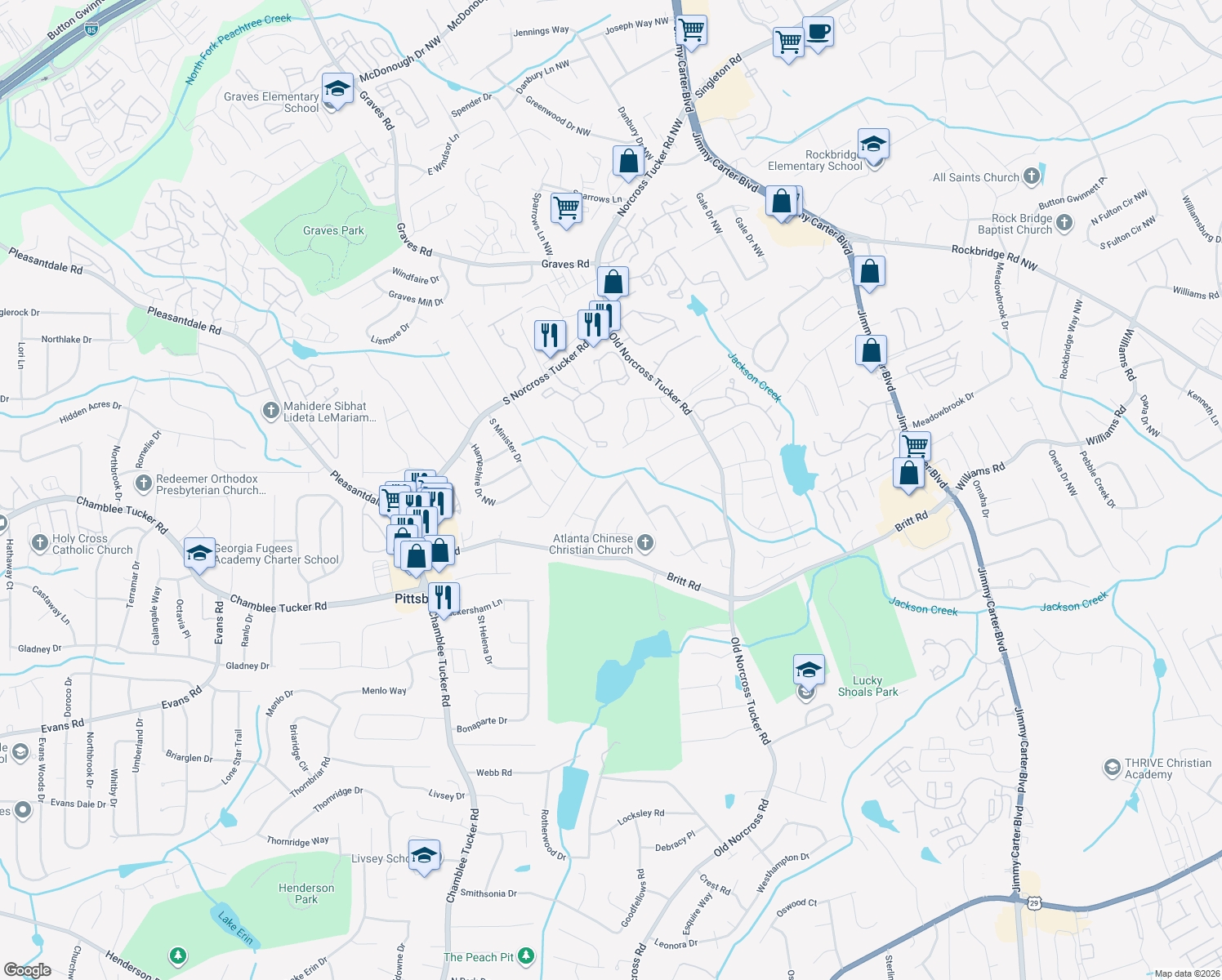 map of restaurants, bars, coffee shops, grocery stores, and more near 1126 Sanford's Walk Northwest in Tucker