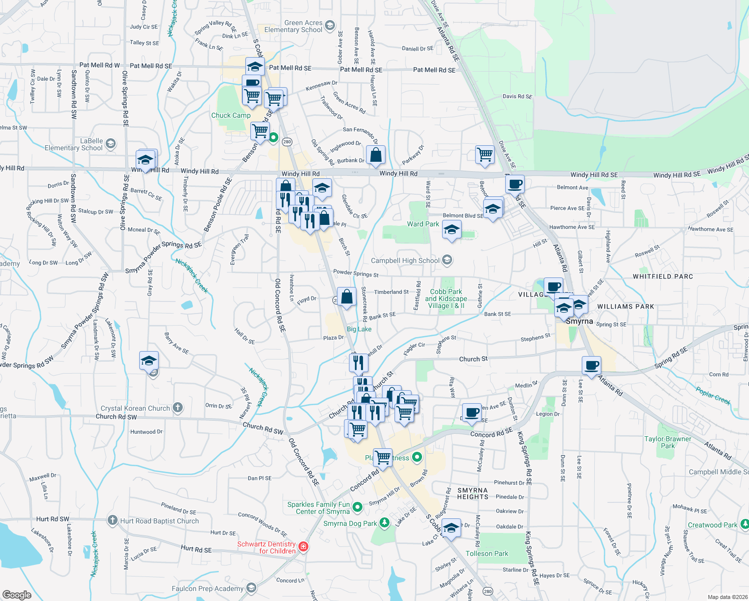 map of restaurants, bars, coffee shops, grocery stores, and more near 2794 Hillside Road in Smyrna