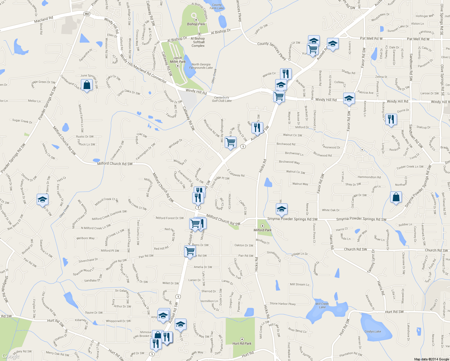 map of restaurants, bars, coffee shops, grocery stores, and more near 1005 Crest Ridge Pl SW in Marietta
