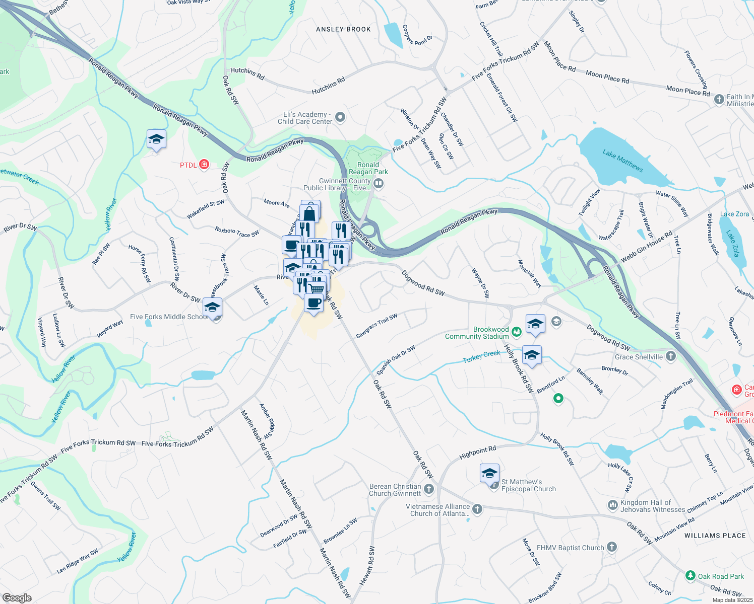 map of restaurants, bars, coffee shops, grocery stores, and more near 1130 Laurel Cove Drive in Snellville