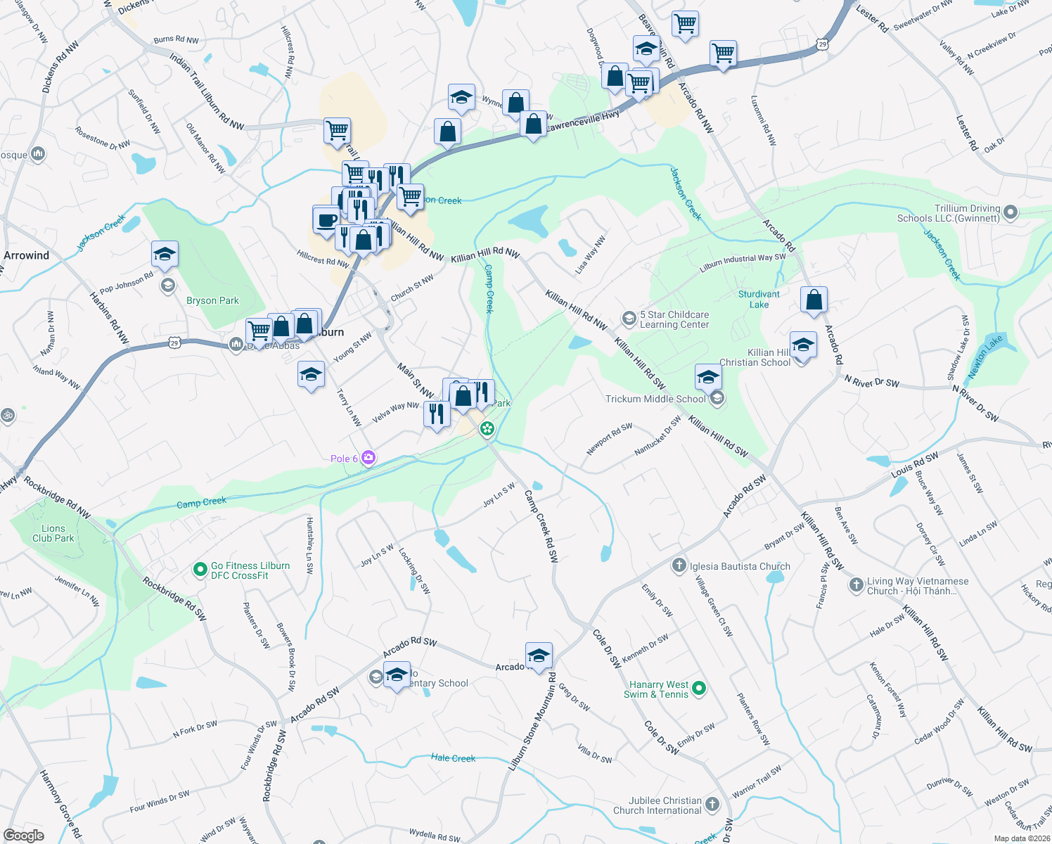 map of restaurants, bars, coffee shops, grocery stores, and more near 4730 Bryson Cove SW in Lilburn