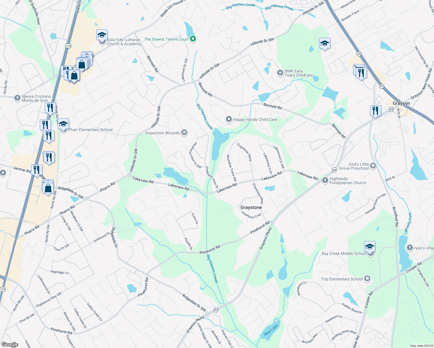 map of restaurants, bars, coffee shops, grocery stores, and more near 1226 Lakeridge Ct in Grayson