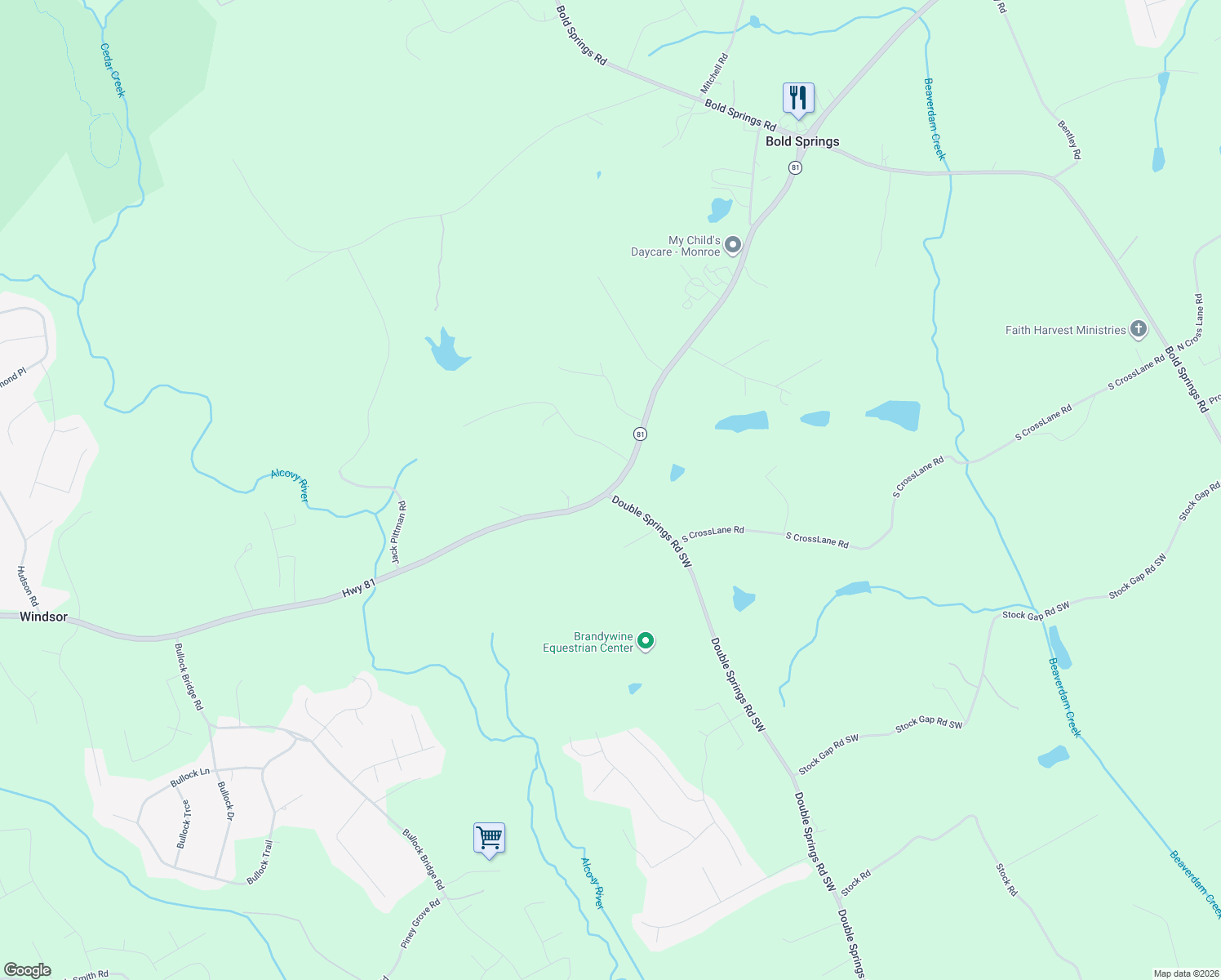 map of restaurants, bars, coffee shops, grocery stores, and more near 7168 Highway 81 in Monroe