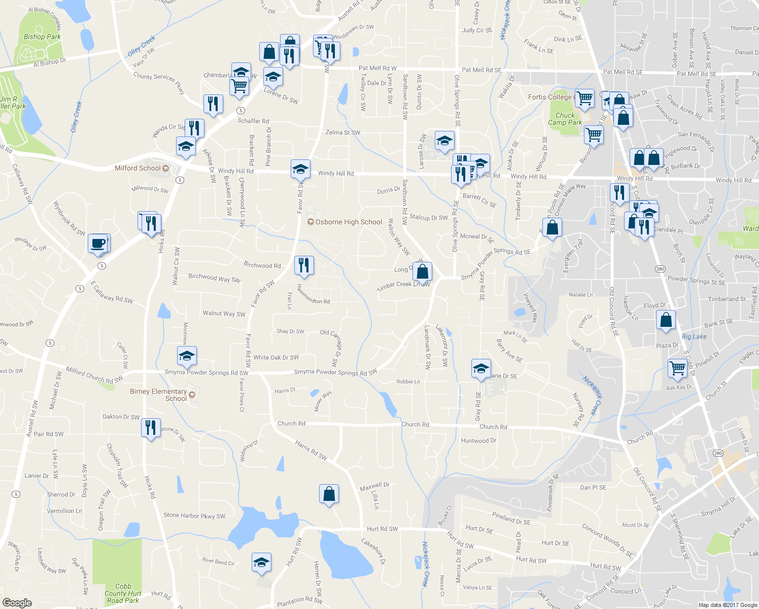 map of restaurants, bars, coffee shops, grocery stores, and more near 187 Timber Creek Lane Southwest in Marietta