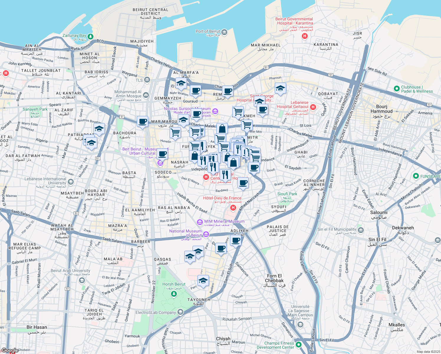 map of restaurants, bars, coffee shops, grocery stores, and more near in Bayrut