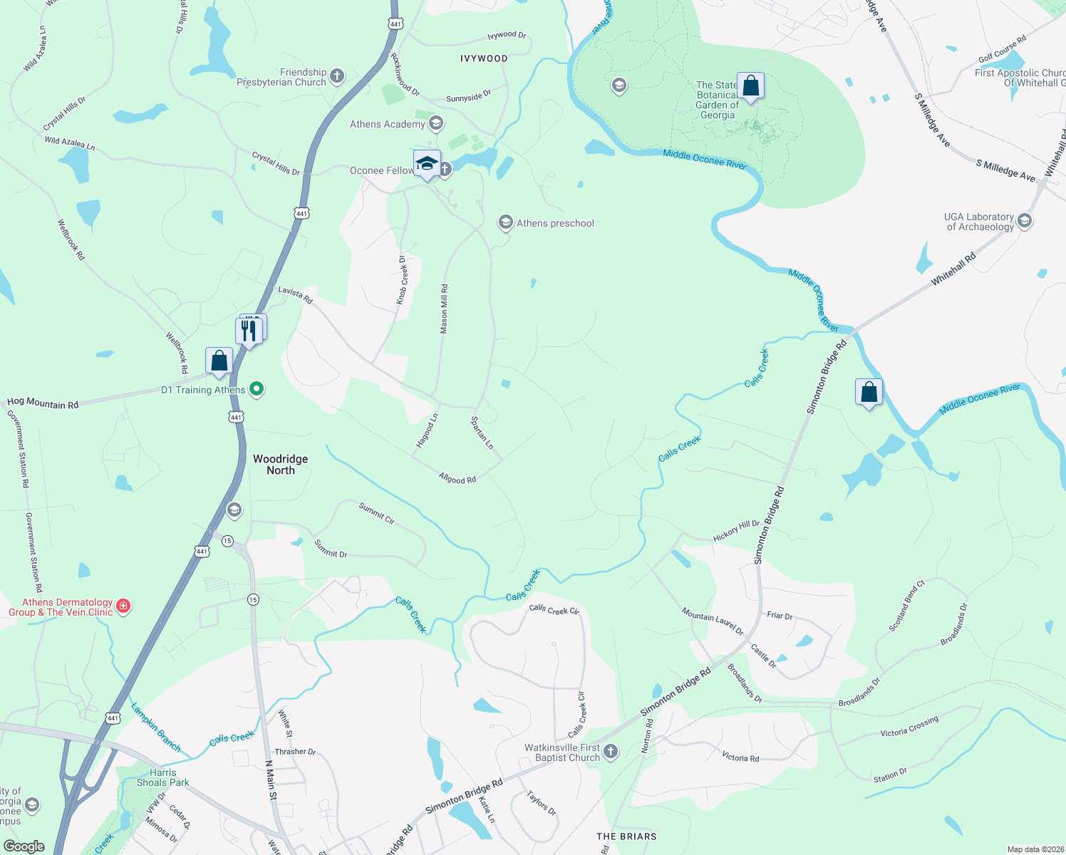 map of restaurants, bars, coffee shops, grocery stores, and more near 1355 Allgood Road in Athens