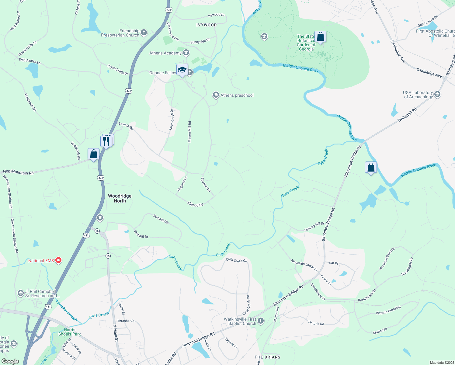 map of restaurants, bars, coffee shops, grocery stores, and more near 1355 Allgood Road in Athens