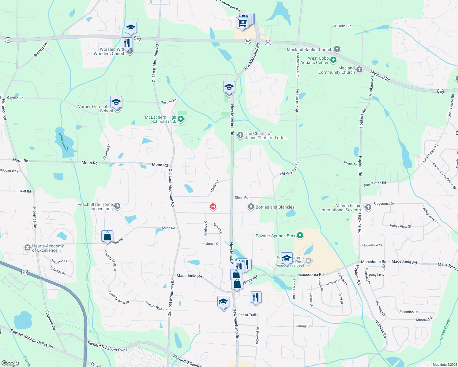 map of restaurants, bars, coffee shops, grocery stores, and more near 4205 Meek Rd in Powder Springs