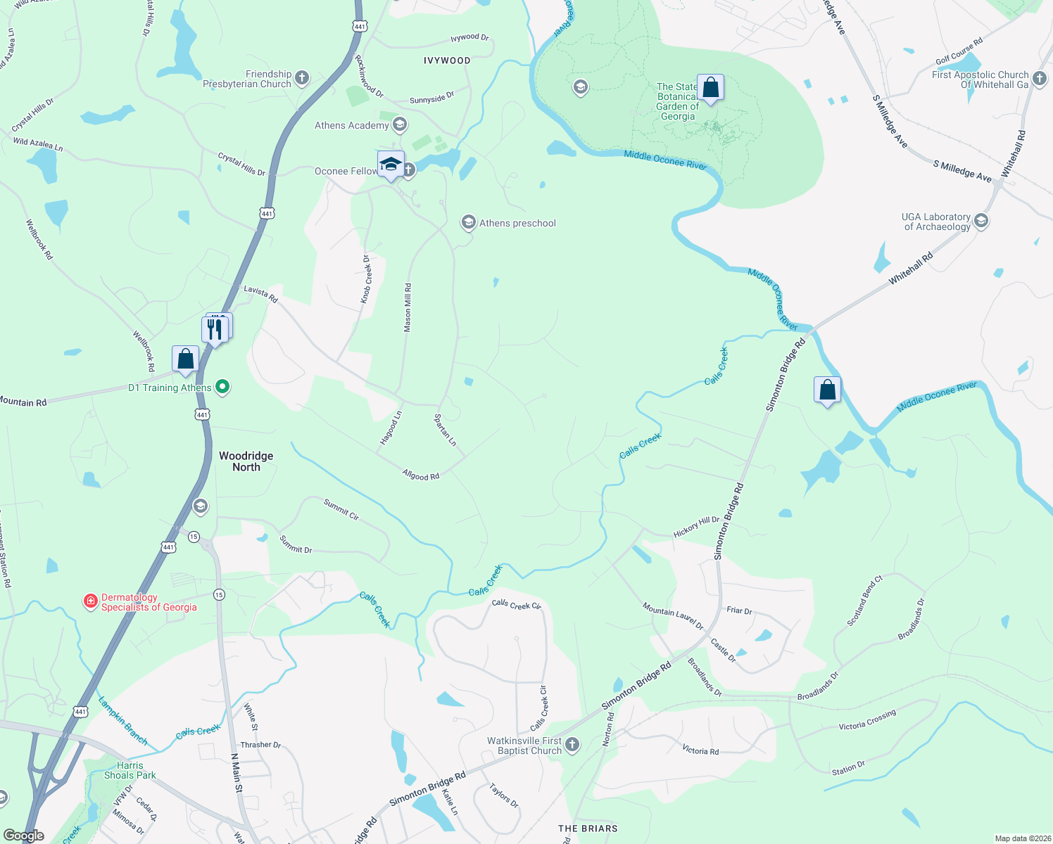 map of restaurants, bars, coffee shops, grocery stores, and more near Dick Budd Road in Athens