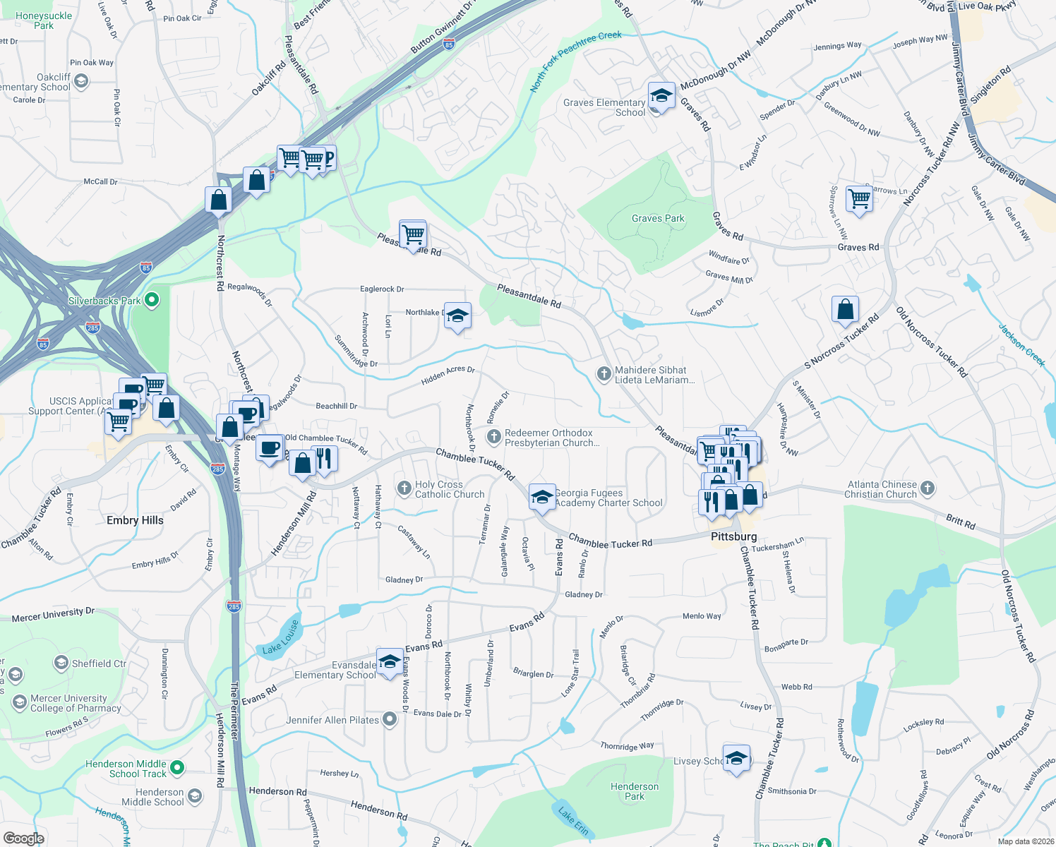 map of restaurants, bars, coffee shops, grocery stores, and more near 3934 Chamblee Tucker Road in Atlanta