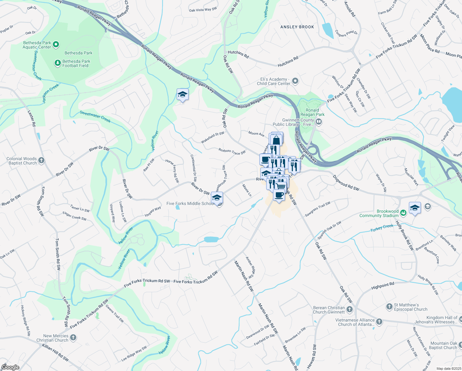 map of restaurants, bars, coffee shops, grocery stores, and more near 3195 River Drive Southwest in Lawrenceville