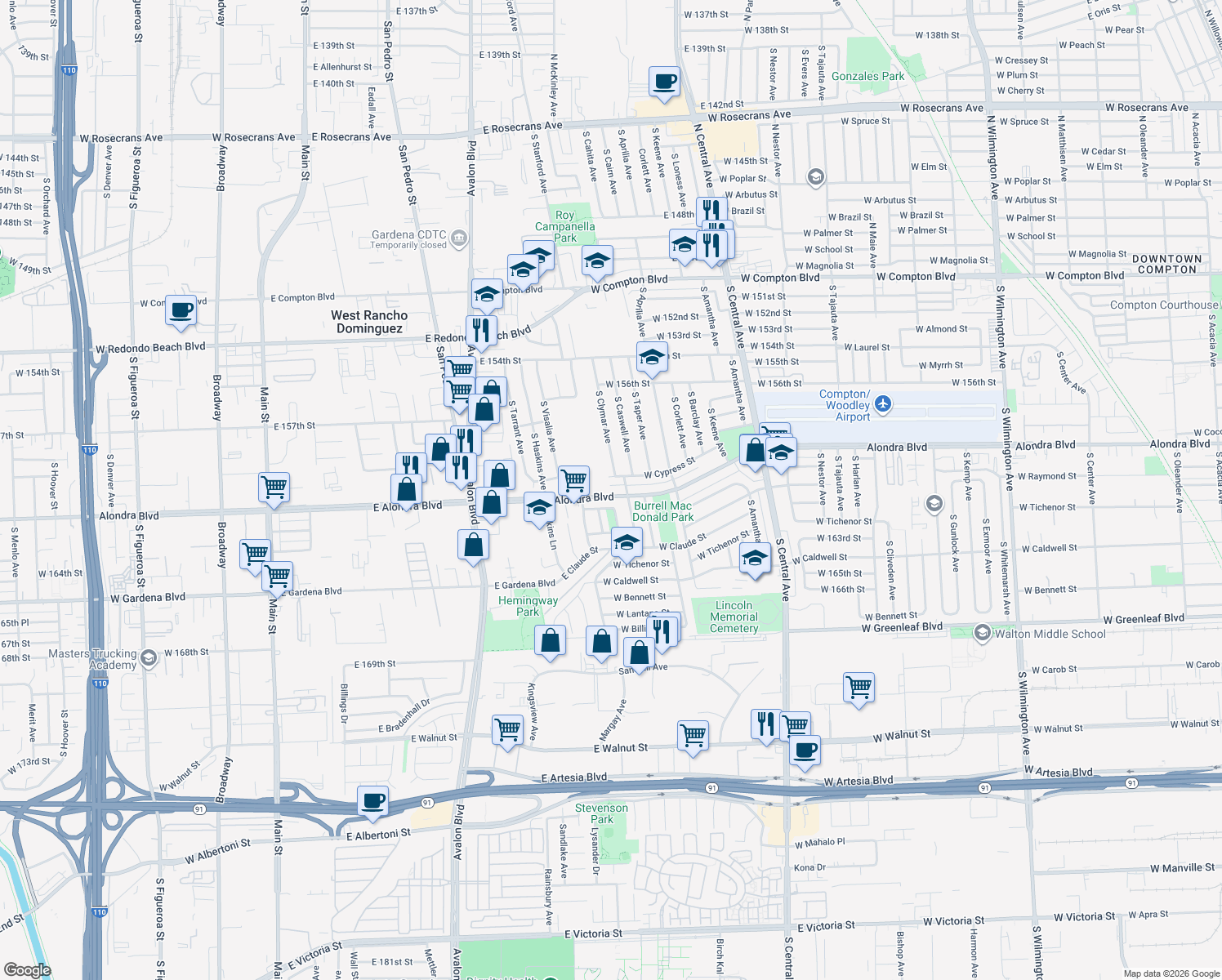 map of restaurants, bars, coffee shops, grocery stores, and more near 2713 West Alondra Boulevard in Compton