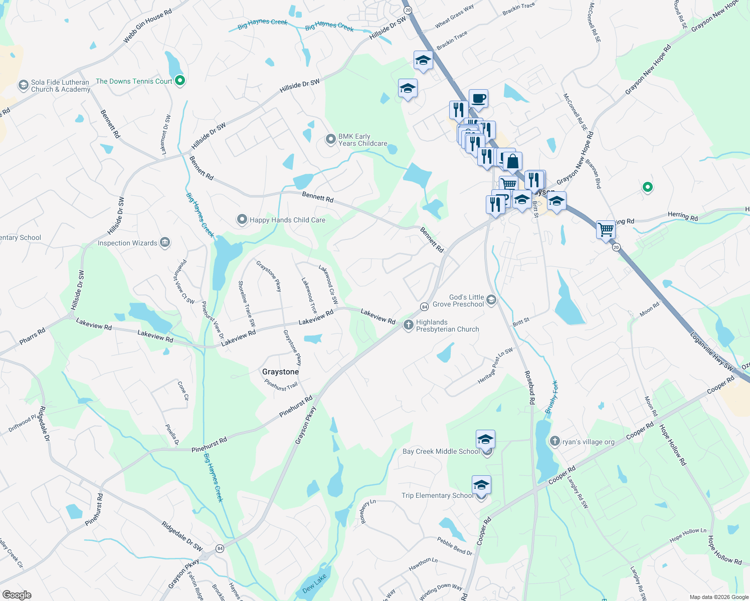 map of restaurants, bars, coffee shops, grocery stores, and more near 2385 Waterton Ridge Trail in Grayson