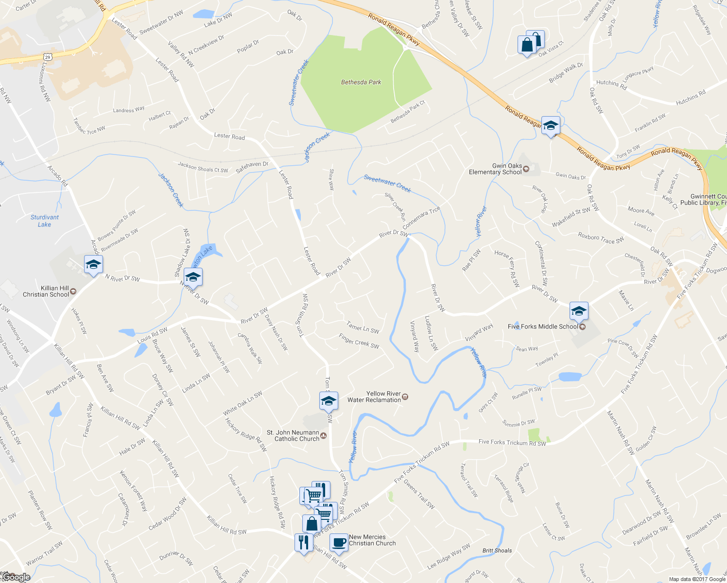 map of restaurants, bars, coffee shops, grocery stores, and more near 3671 Bittercreek Way Southwest in Lilburn
