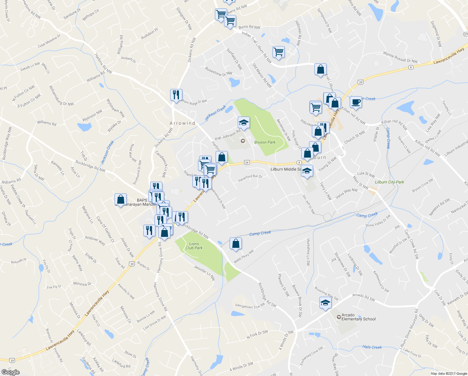 map of restaurants, bars, coffee shops, grocery stores, and more near 266 Harbins Road Northwest in Lilburn