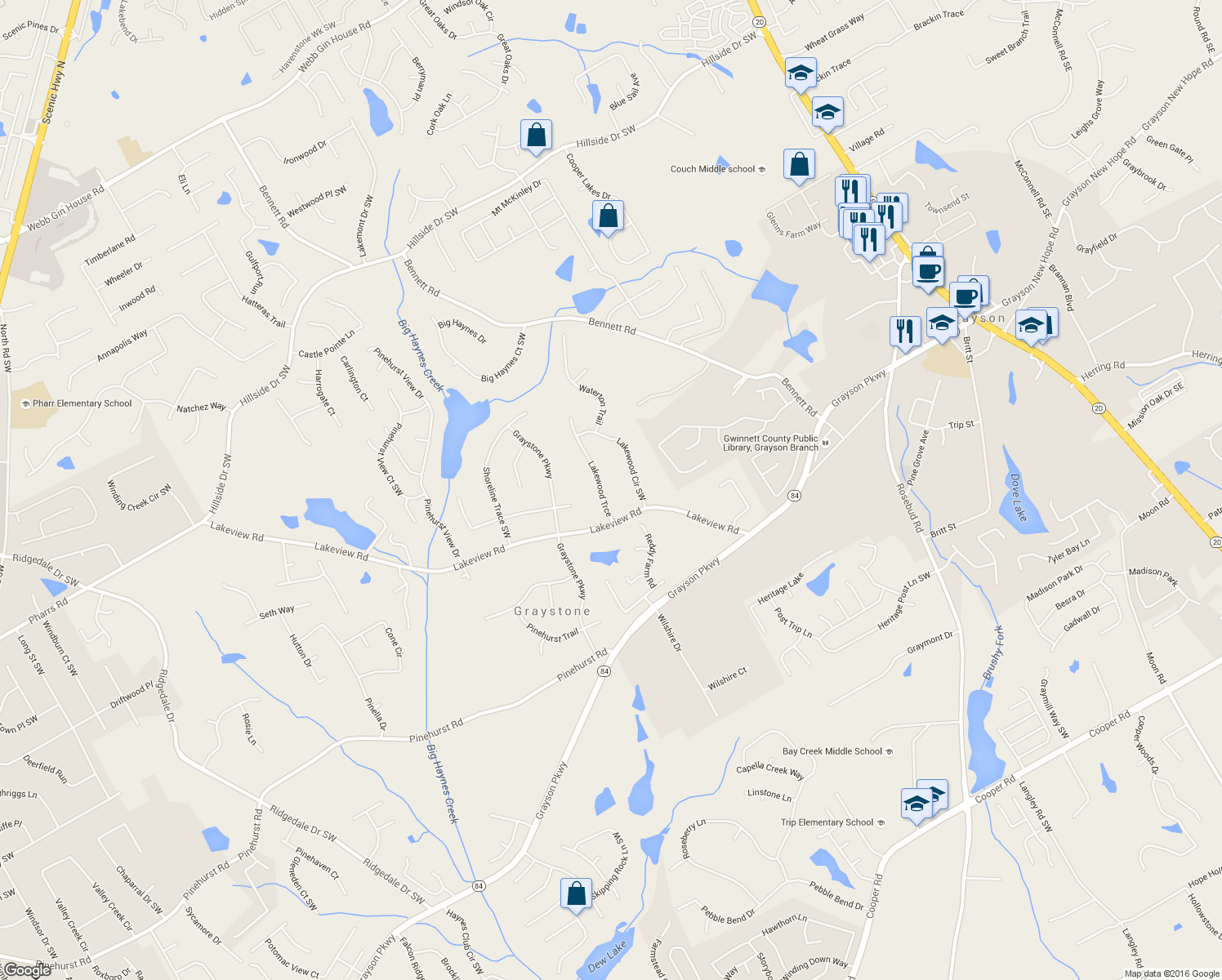 map of restaurants, bars, coffee shops, grocery stores, and more near 2030 Lakewood Trce in Grayson