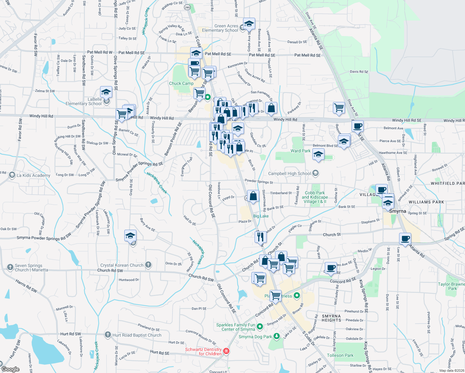 map of restaurants, bars, coffee shops, grocery stores, and more near 2745 Sherwood Rd SE in Smyrna