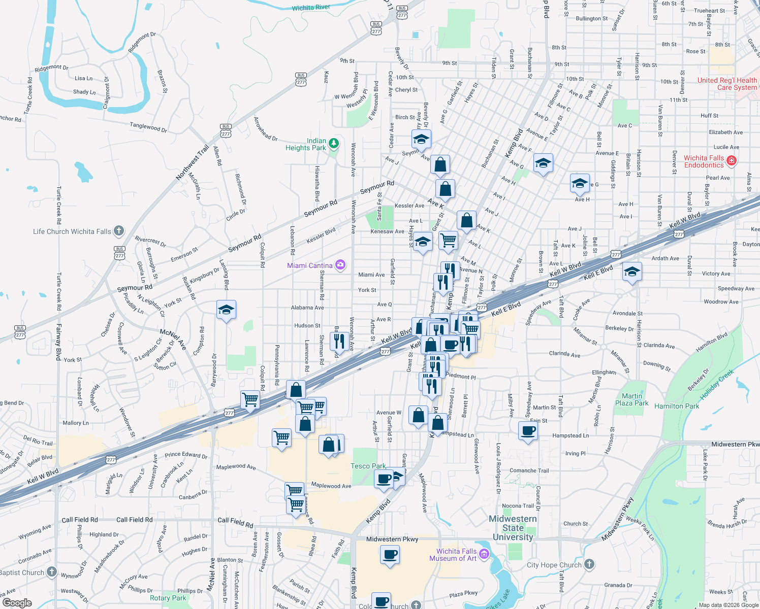 map of restaurants, bars, coffee shops, grocery stores, and more near 3111 Ave Q in Wichita Falls