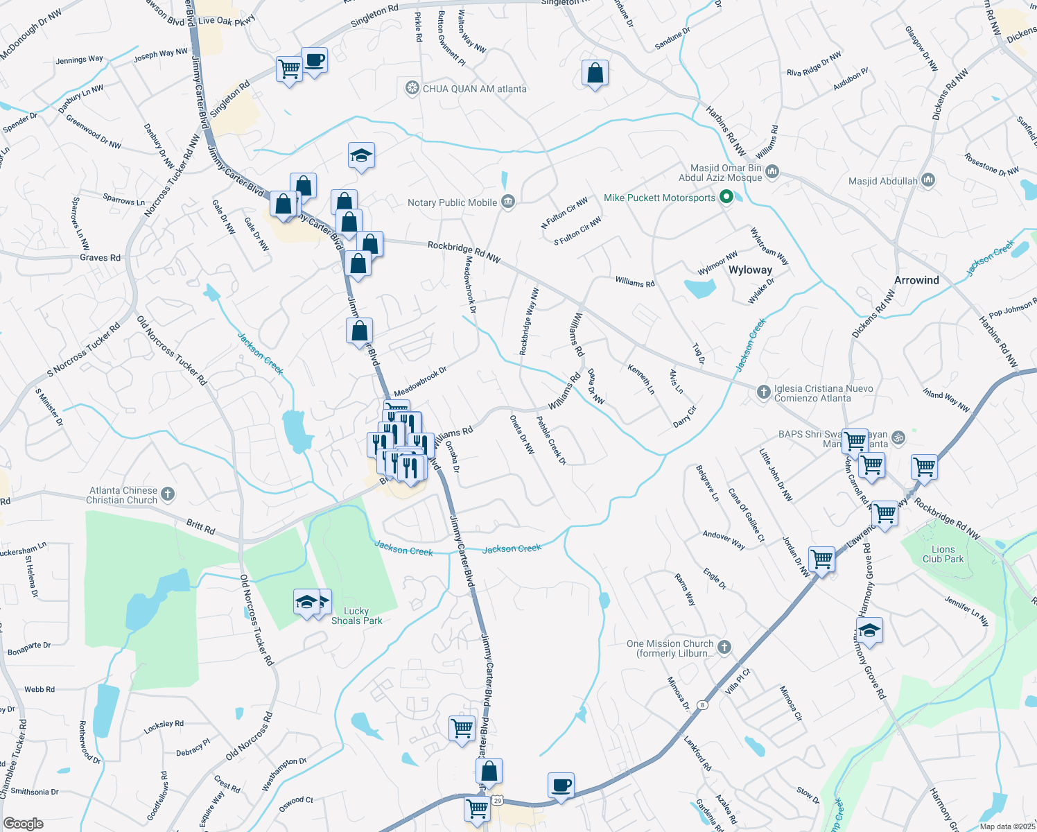 map of restaurants, bars, coffee shops, grocery stores, and more near 792 Oneta Drive Northwest in Norcross