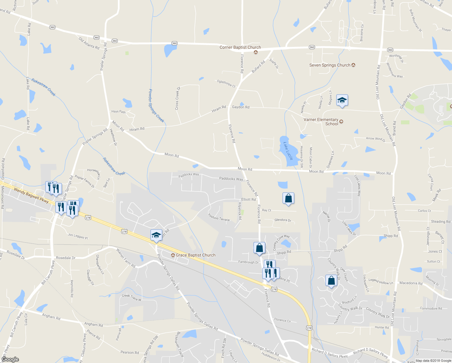 map of restaurants, bars, coffee shops, grocery stores, and more near 1155 Paddocks Way in Powder Springs