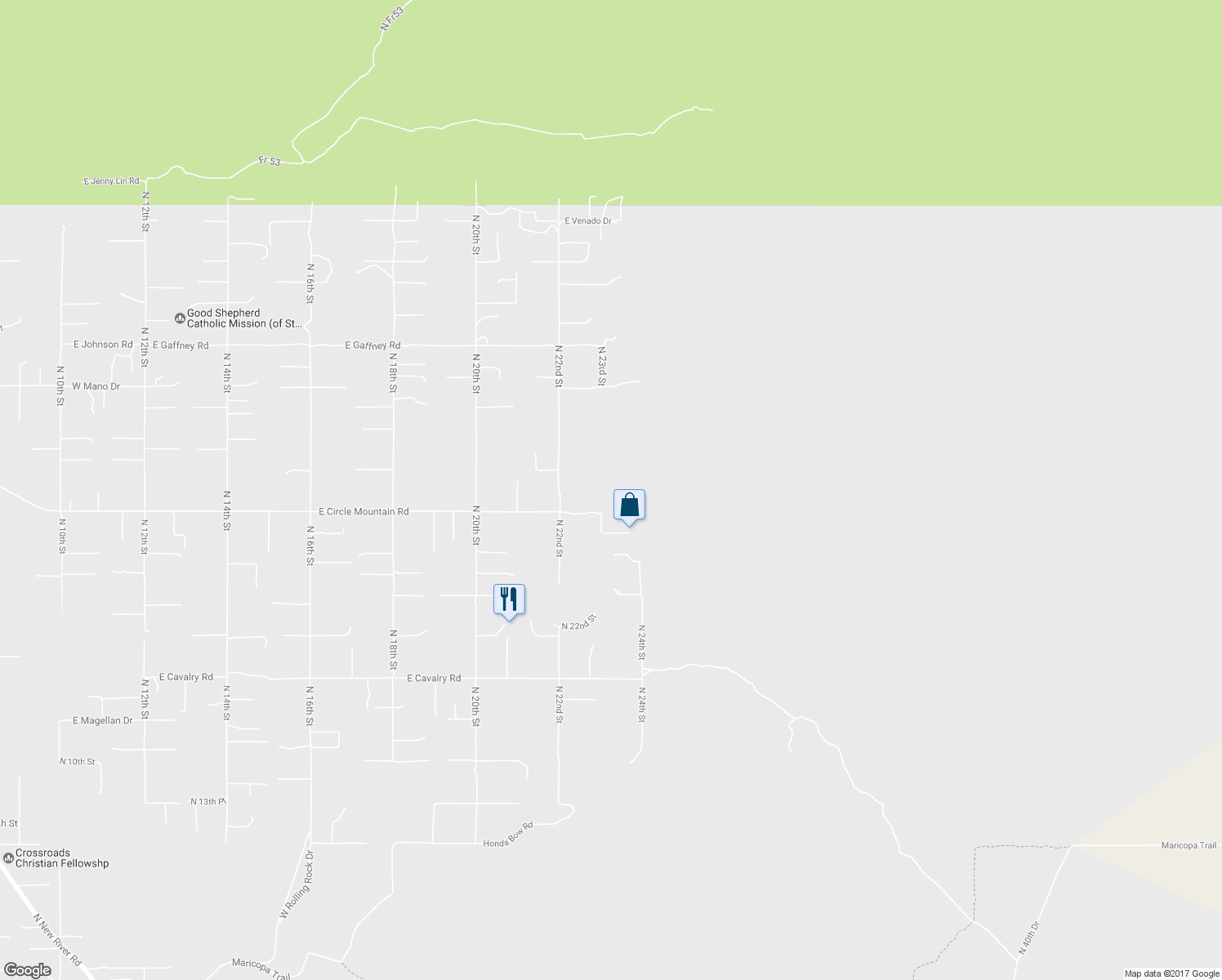 map of restaurants, bars, coffee shops, grocery stores, and more near 44415 North 22nd Street in New River