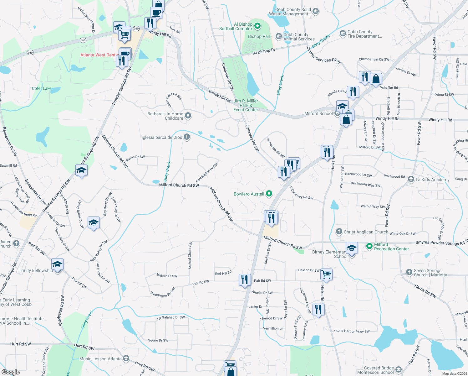 map of restaurants, bars, coffee shops, grocery stores, and more near 1207 Everwood Dr SW in Marietta