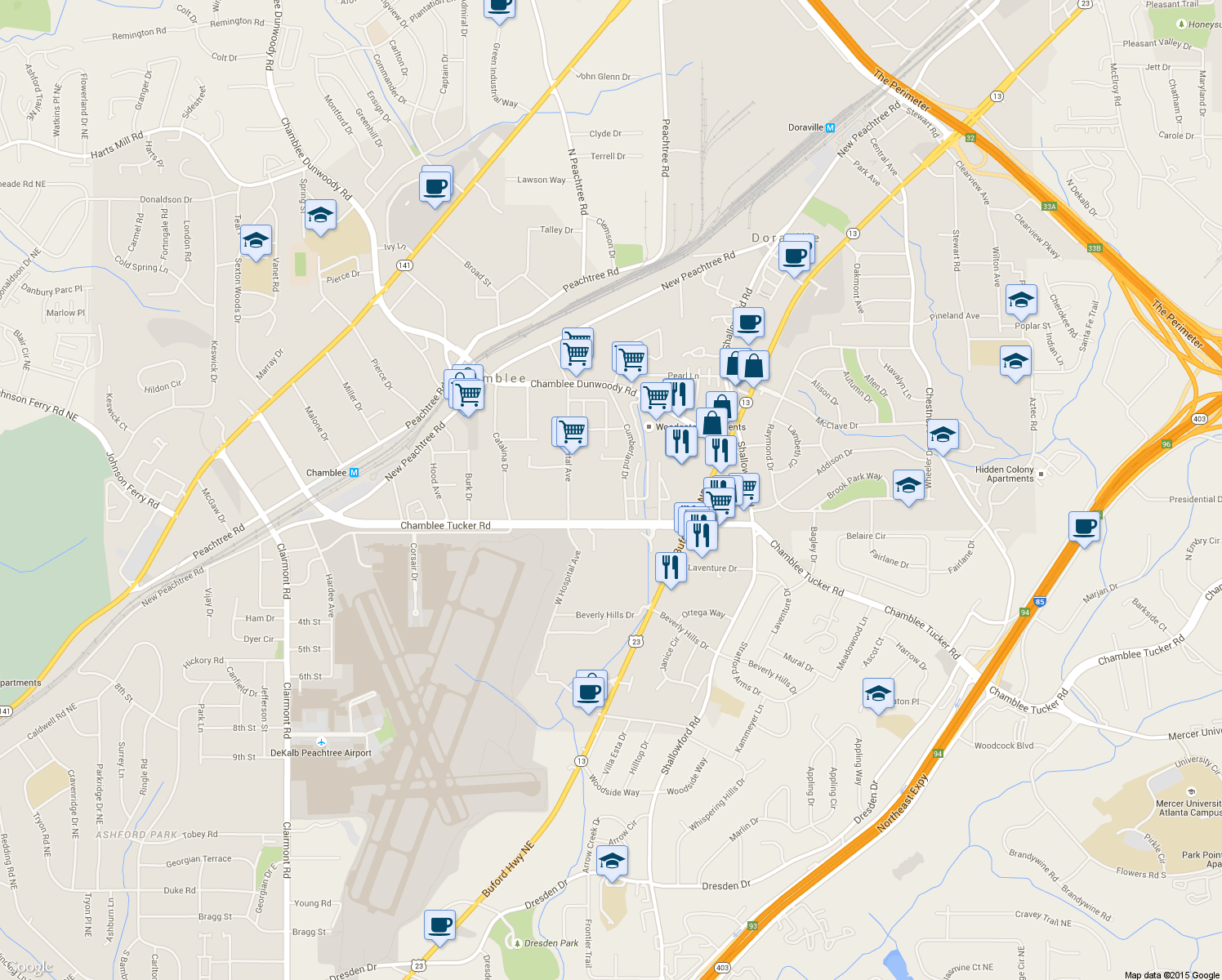 map of restaurants, bars, coffee shops, grocery stores, and more near 3200 Cumberland Drive in Atlanta