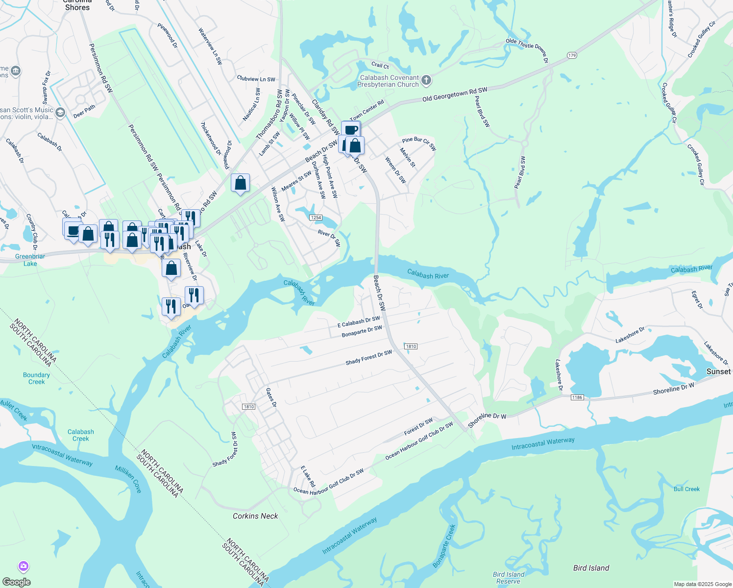 map of restaurants, bars, coffee shops, grocery stores, and more near 9069 Townview Place Southwest in Calabash