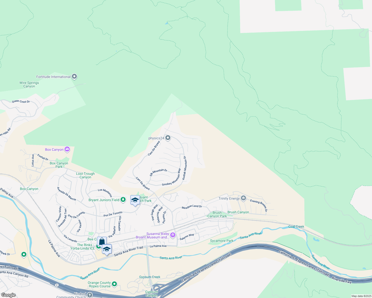 map of restaurants, bars, coffee shops, grocery stores, and more near 5425 Castle Bend Way in Yorba Linda