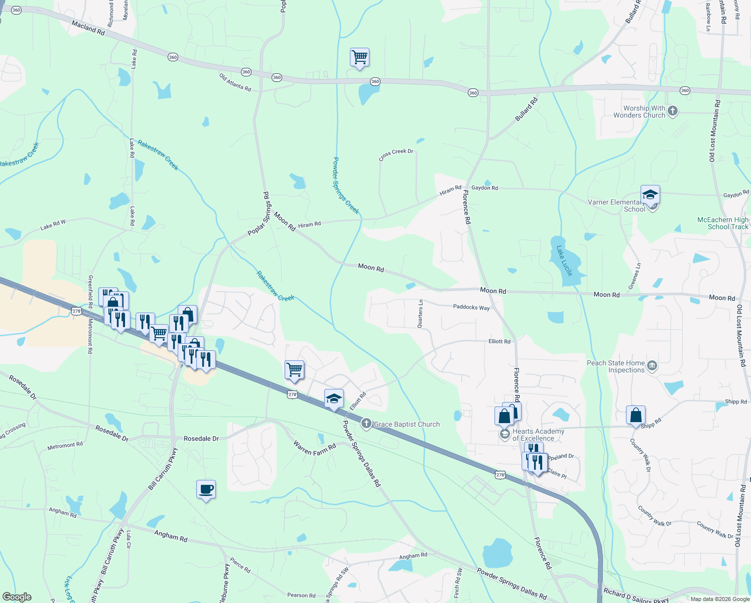 map of restaurants, bars, coffee shops, grocery stores, and more near 1426 Paddocks Ct in Powder Springs