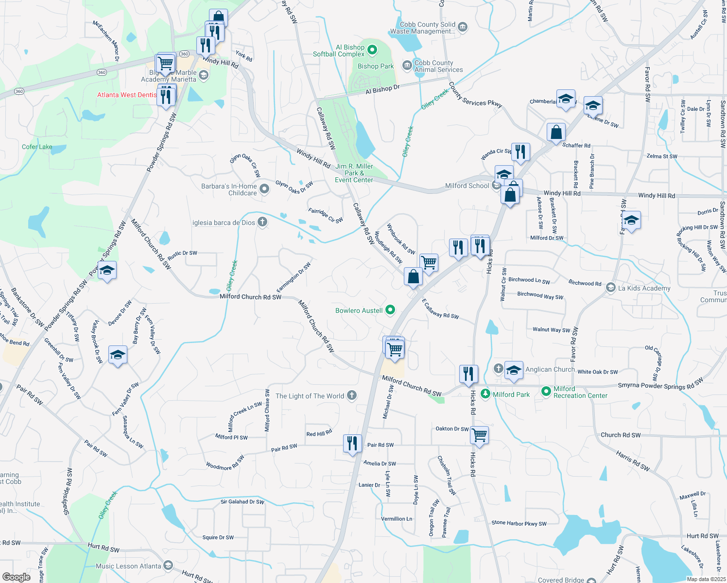 map of restaurants, bars, coffee shops, grocery stores, and more near 1331 Windage Court Southwest in Marietta