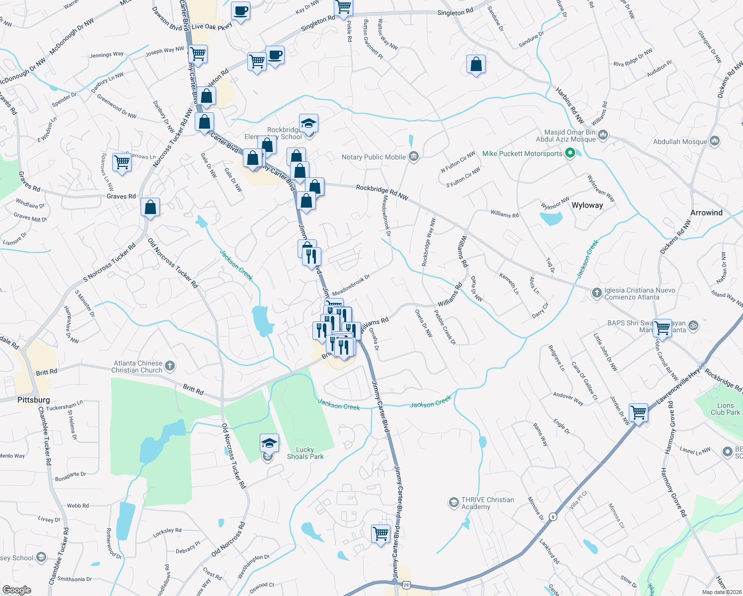 map of restaurants, bars, coffee shops, grocery stores, and more near 871 Legacy Woods Drive in Norcross