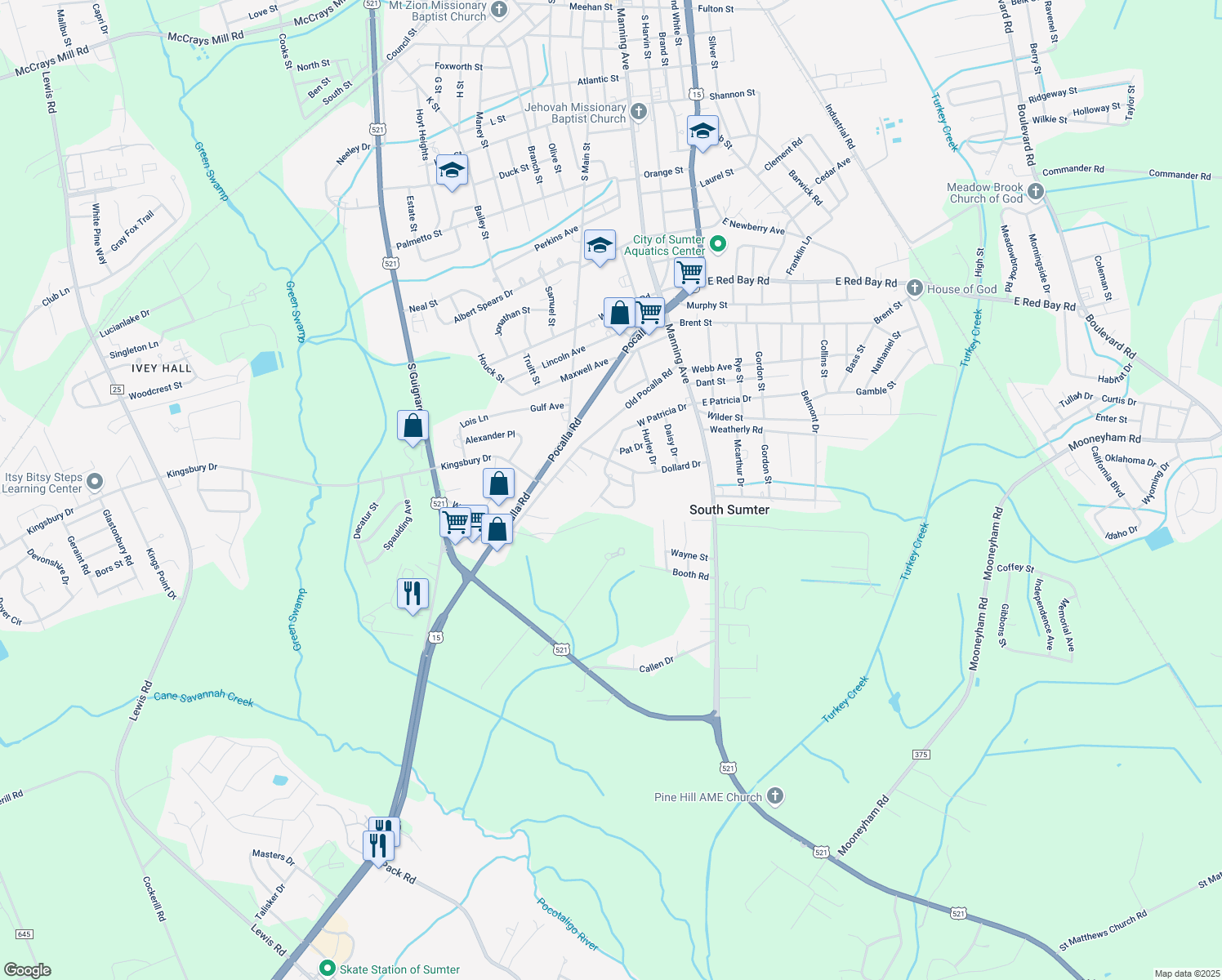 map of restaurants, bars, coffee shops, grocery stores, and more near 126 West Patricia Drive in Sumter