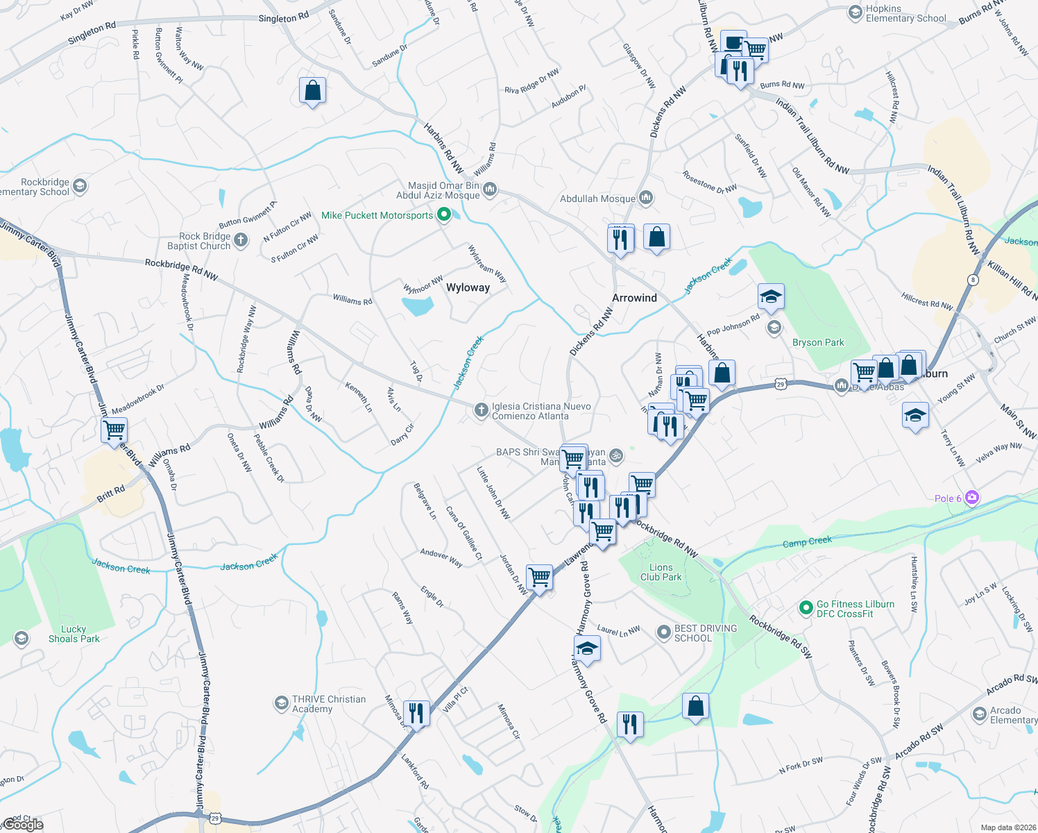 map of restaurants, bars, coffee shops, grocery stores, and more near 595 Therrell Lane Northwest in Lilburn