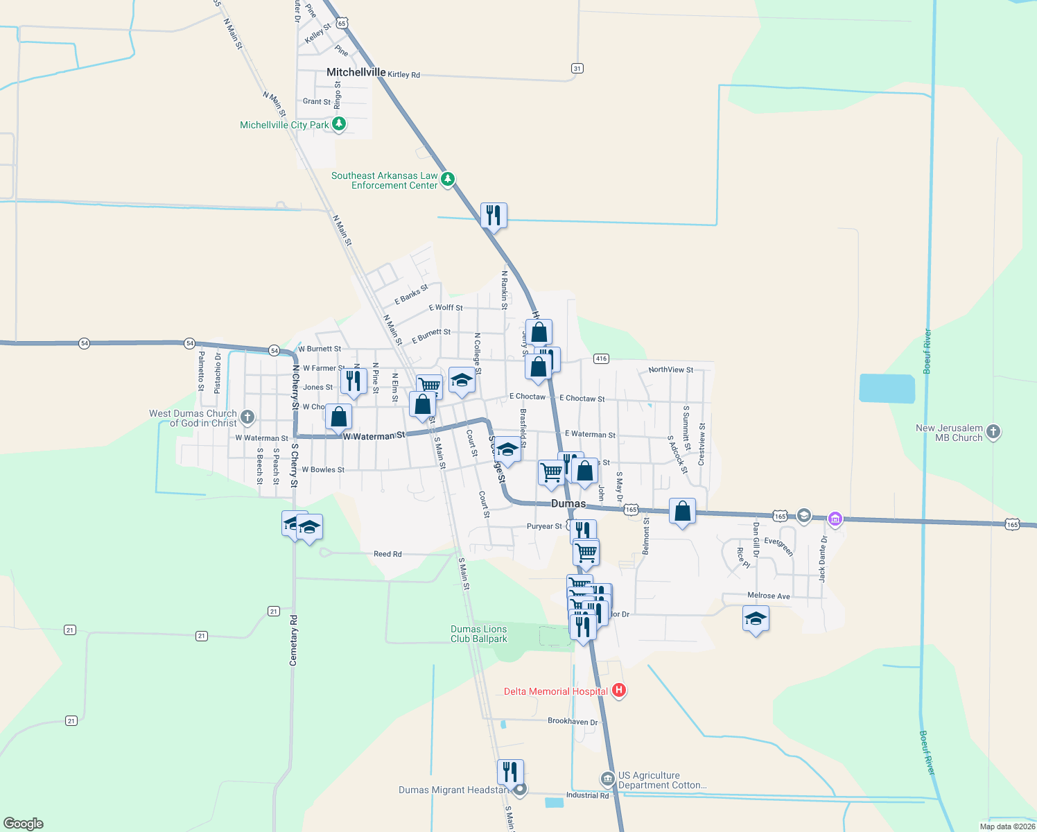 map of restaurants, bars, coffee shops, grocery stores, and more near 112 Brasfield St in Dumas