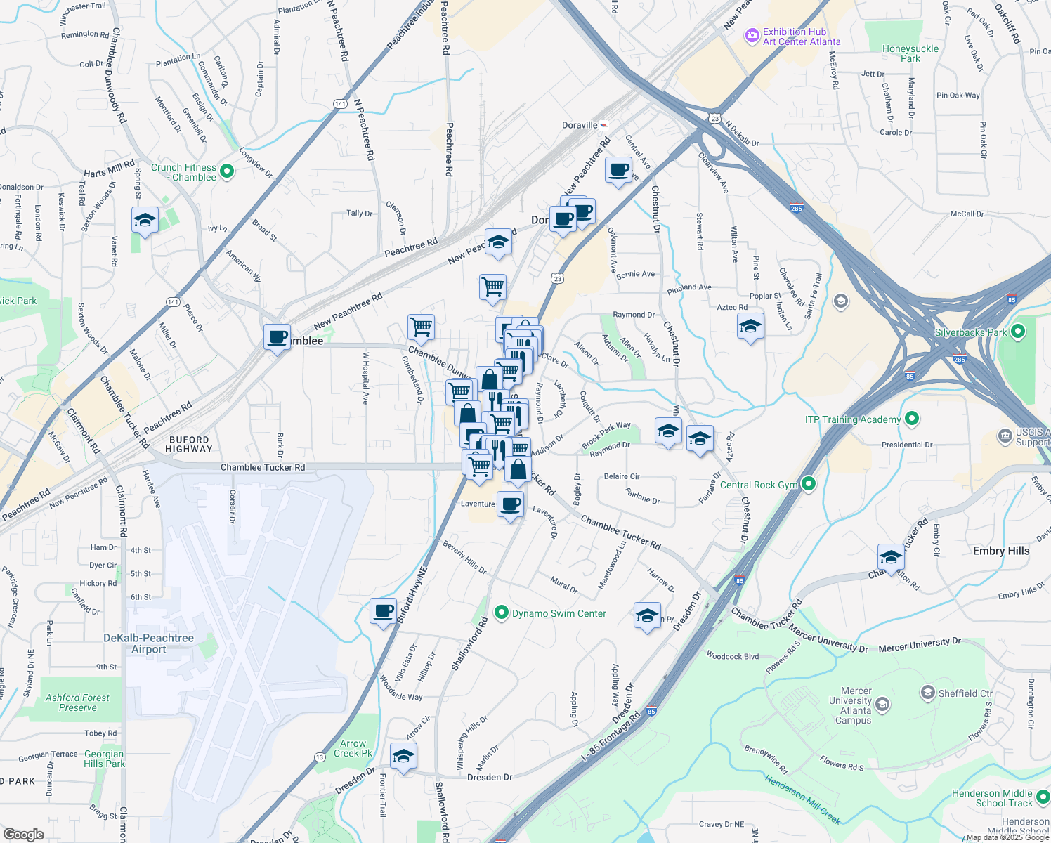 map of restaurants, bars, coffee shops, grocery stores, and more near 3405 Shallowford Road in Doraville