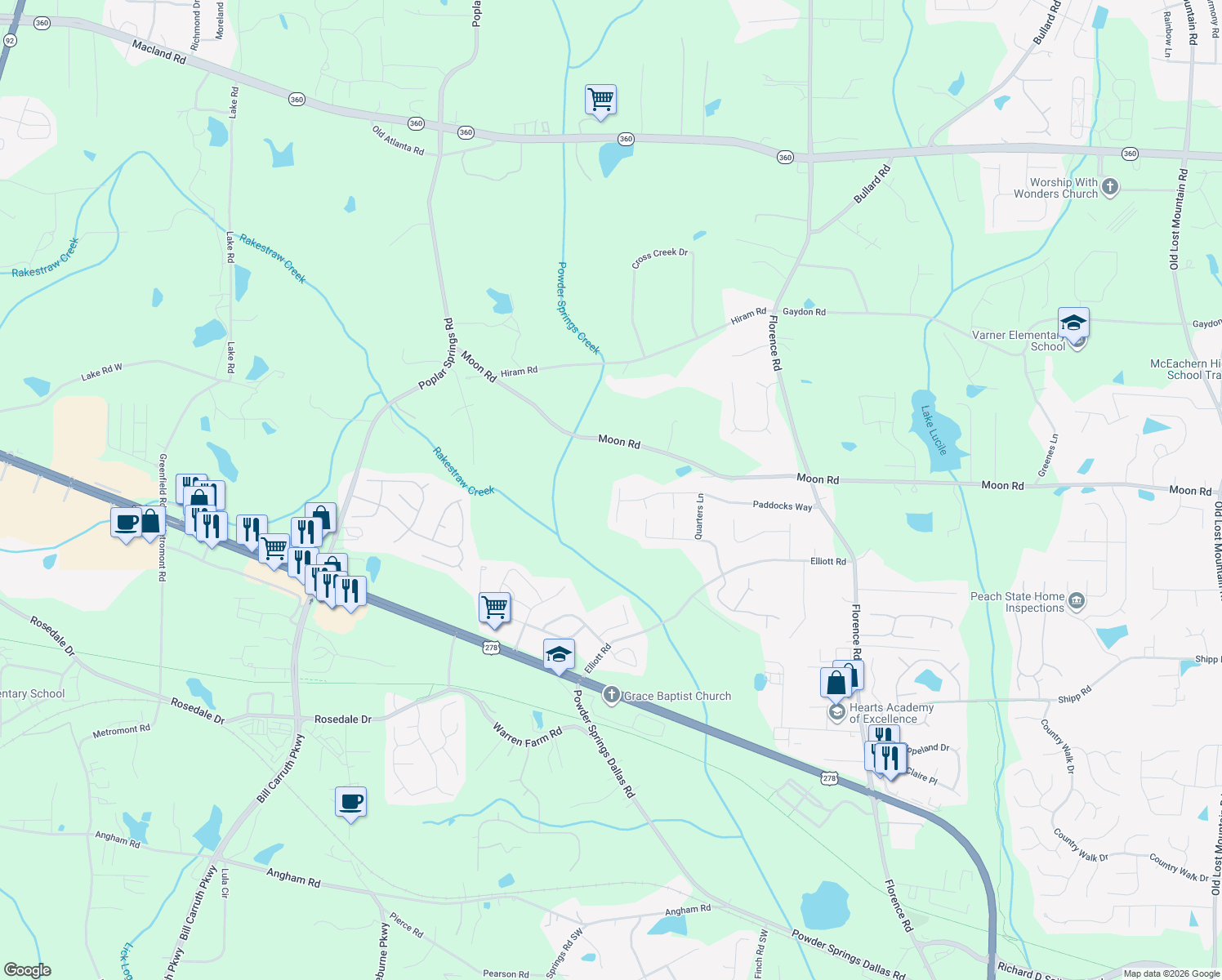 map of restaurants, bars, coffee shops, grocery stores, and more near 1436 Paddocks Court in Powder Springs