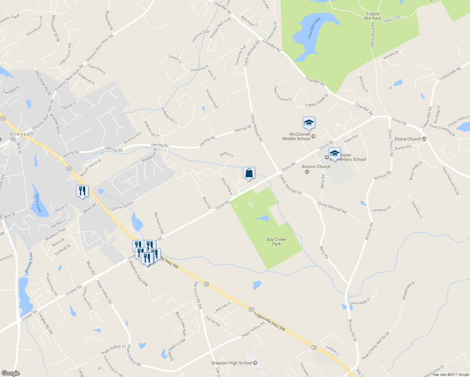map of restaurants, bars, coffee shops, grocery stores, and more near 2663 Tullis Cove Drive Southeast in Loganville