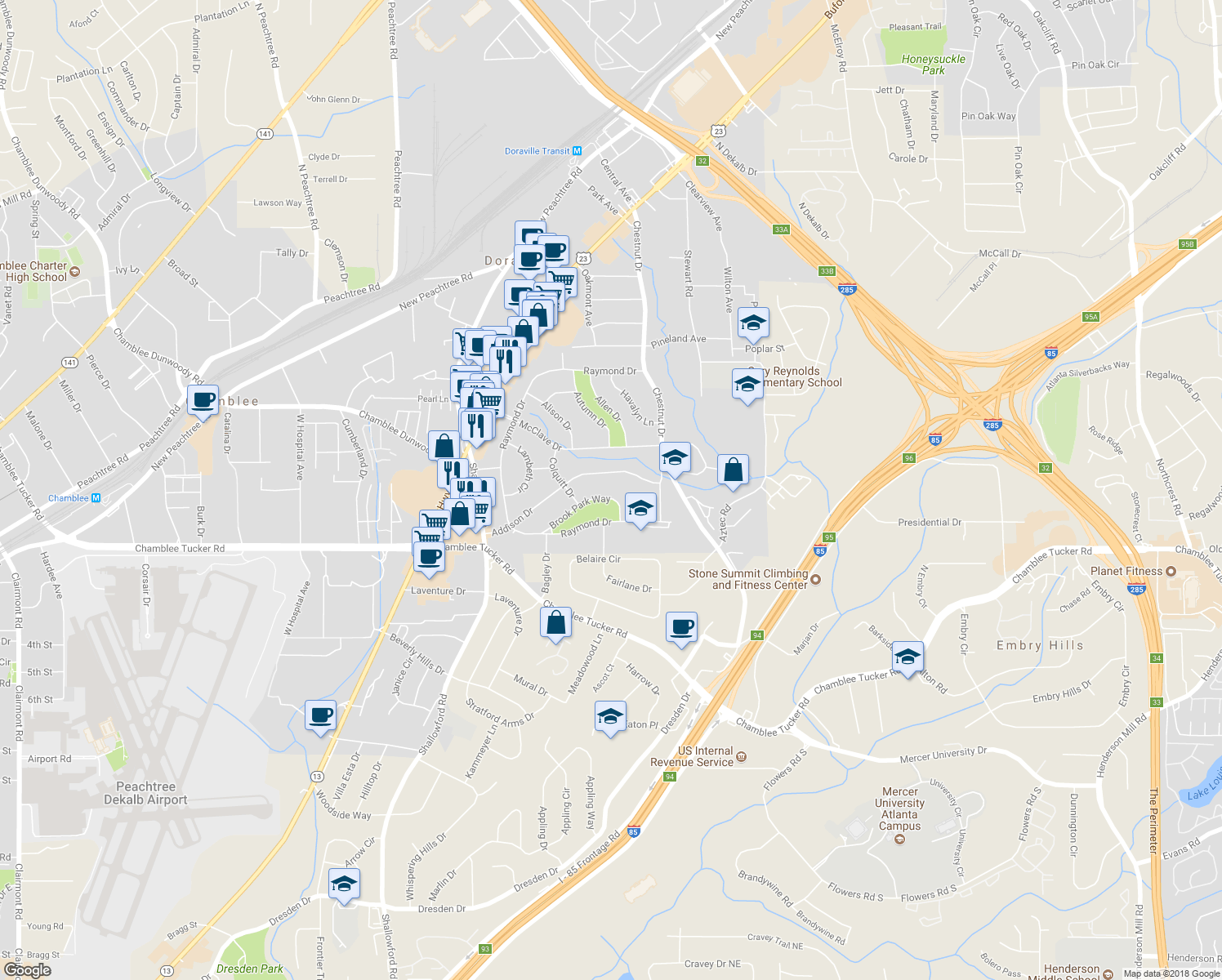 map of restaurants, bars, coffee shops, grocery stores, and more near 2694 Brook Park Way in Doraville