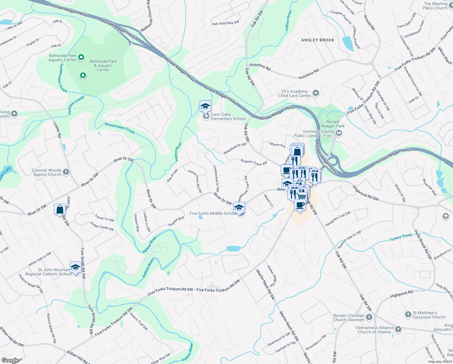 map of restaurants, bars, coffee shops, grocery stores, and more near 3219 Lincoln Terrace in Lawrenceville
