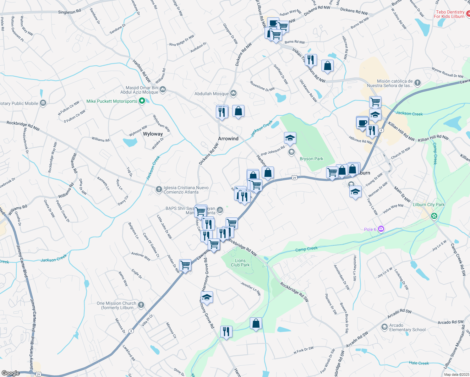 map of restaurants, bars, coffee shops, grocery stores, and more near 494 Inland Way NW in Lilburn