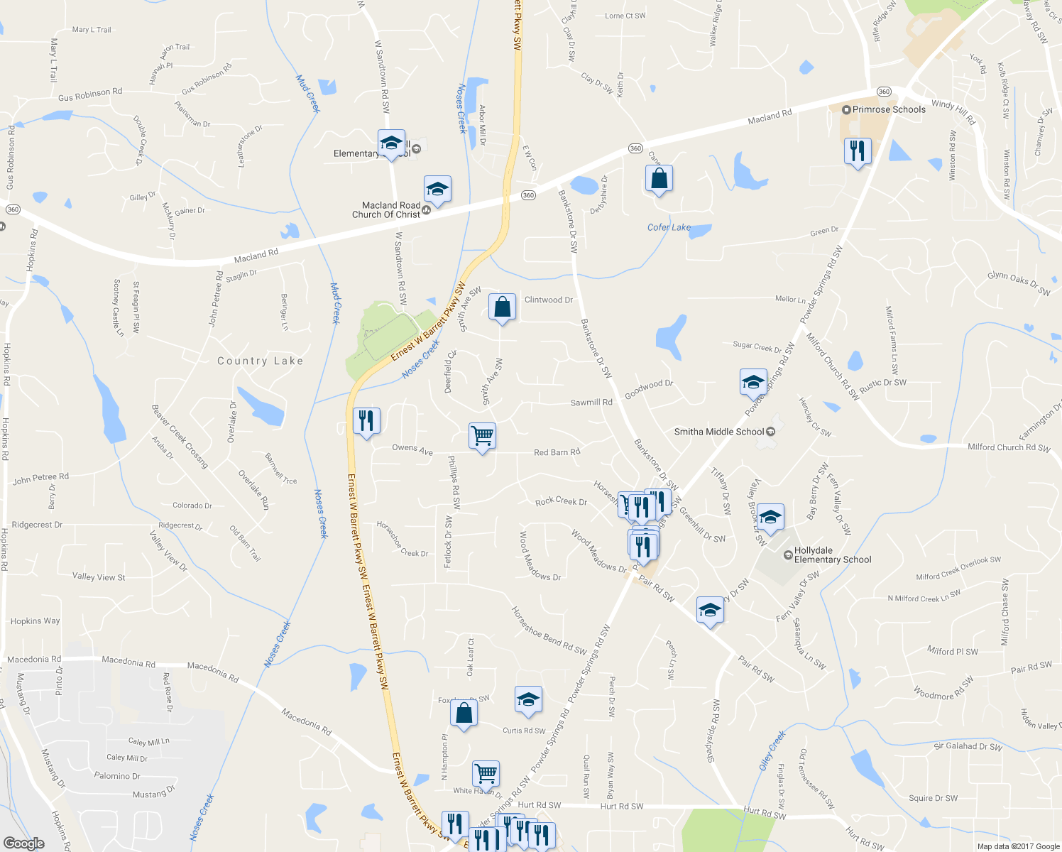 map of restaurants, bars, coffee shops, grocery stores, and more near 2655 Smokehouse Place in Marietta