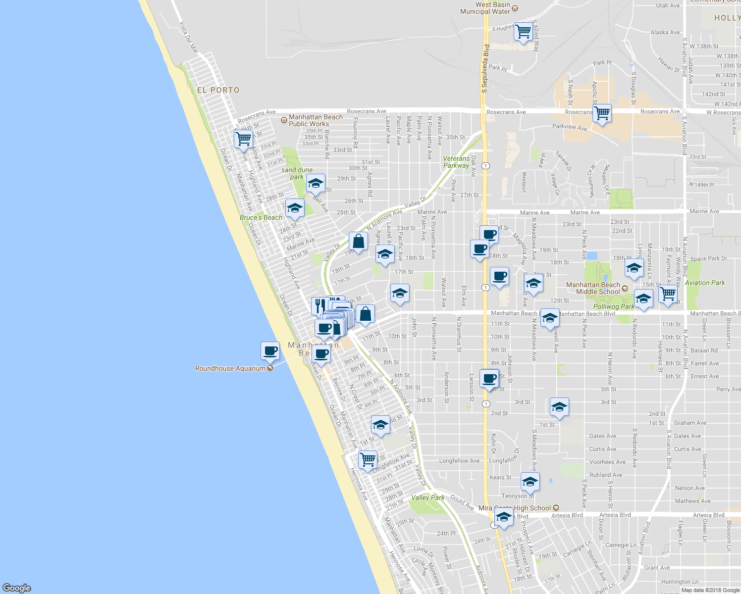 map of restaurants, bars, coffee shops, grocery stores, and more near 1315 Church Street in Manhattan Beach