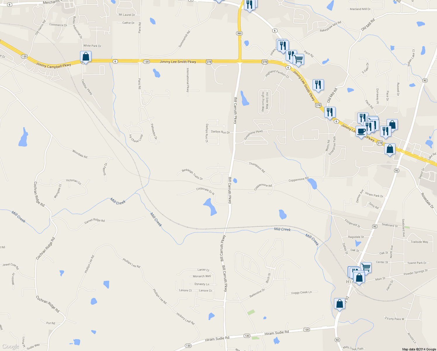map of restaurants, bars, coffee shops, grocery stores, and more near 95 Berkleigh Trails Drive in Hiram