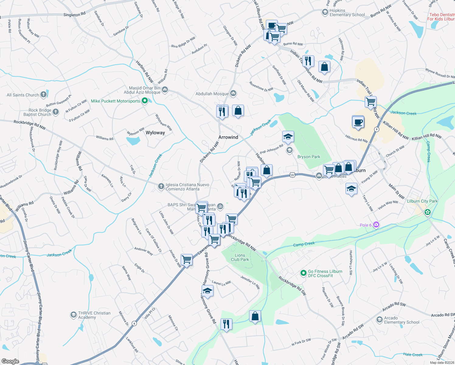 map of restaurants, bars, coffee shops, grocery stores, and more near 524 Inland Way Northwest in Lilburn