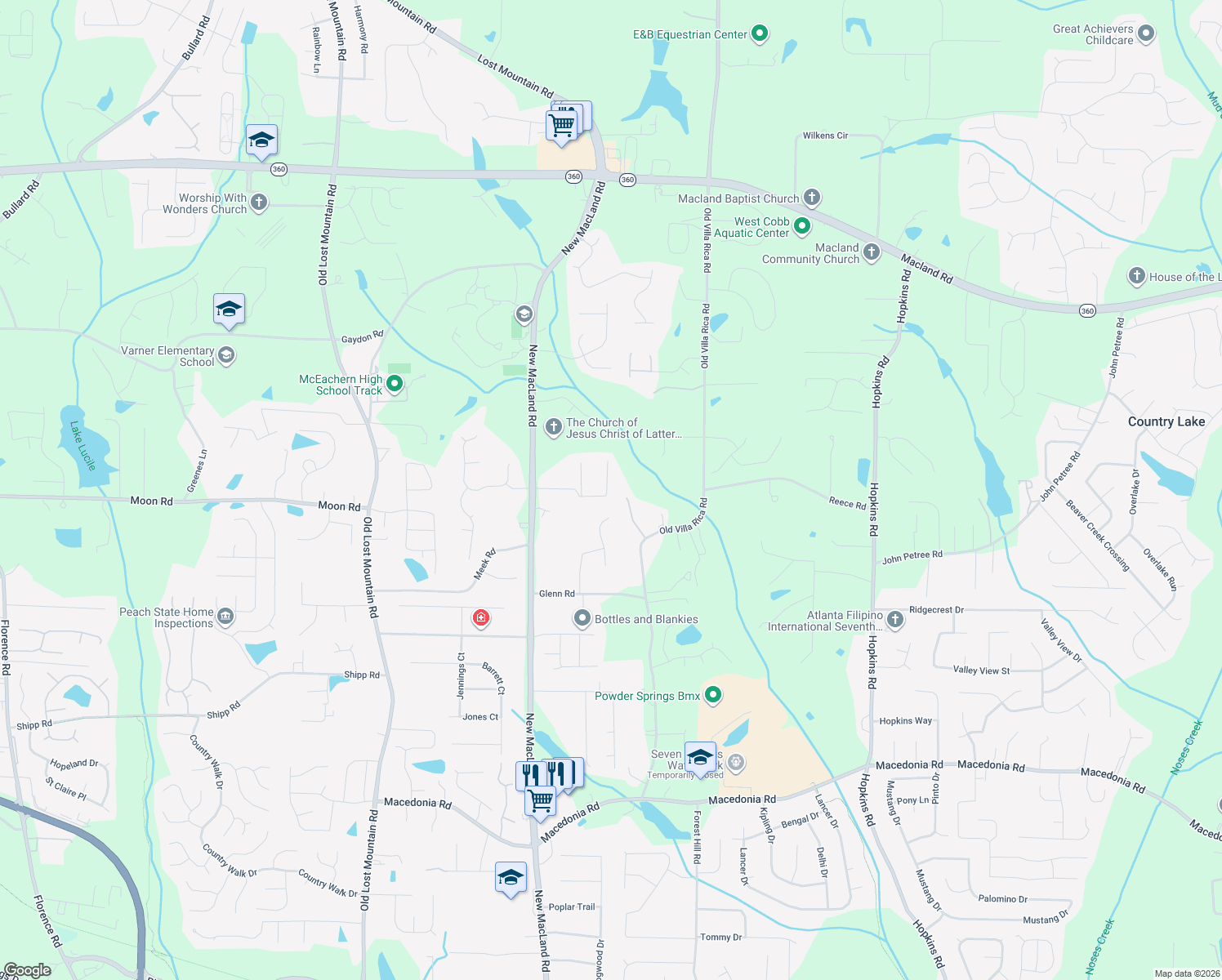 map of restaurants, bars, coffee shops, grocery stores, and more near 4184 Irish Highland Dr in Powder Springs