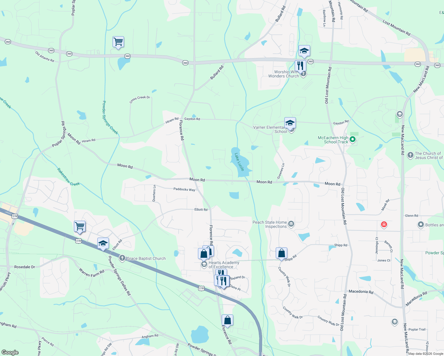 map of restaurants, bars, coffee shops, grocery stores, and more near 4969 Manna Lane in Powder Springs