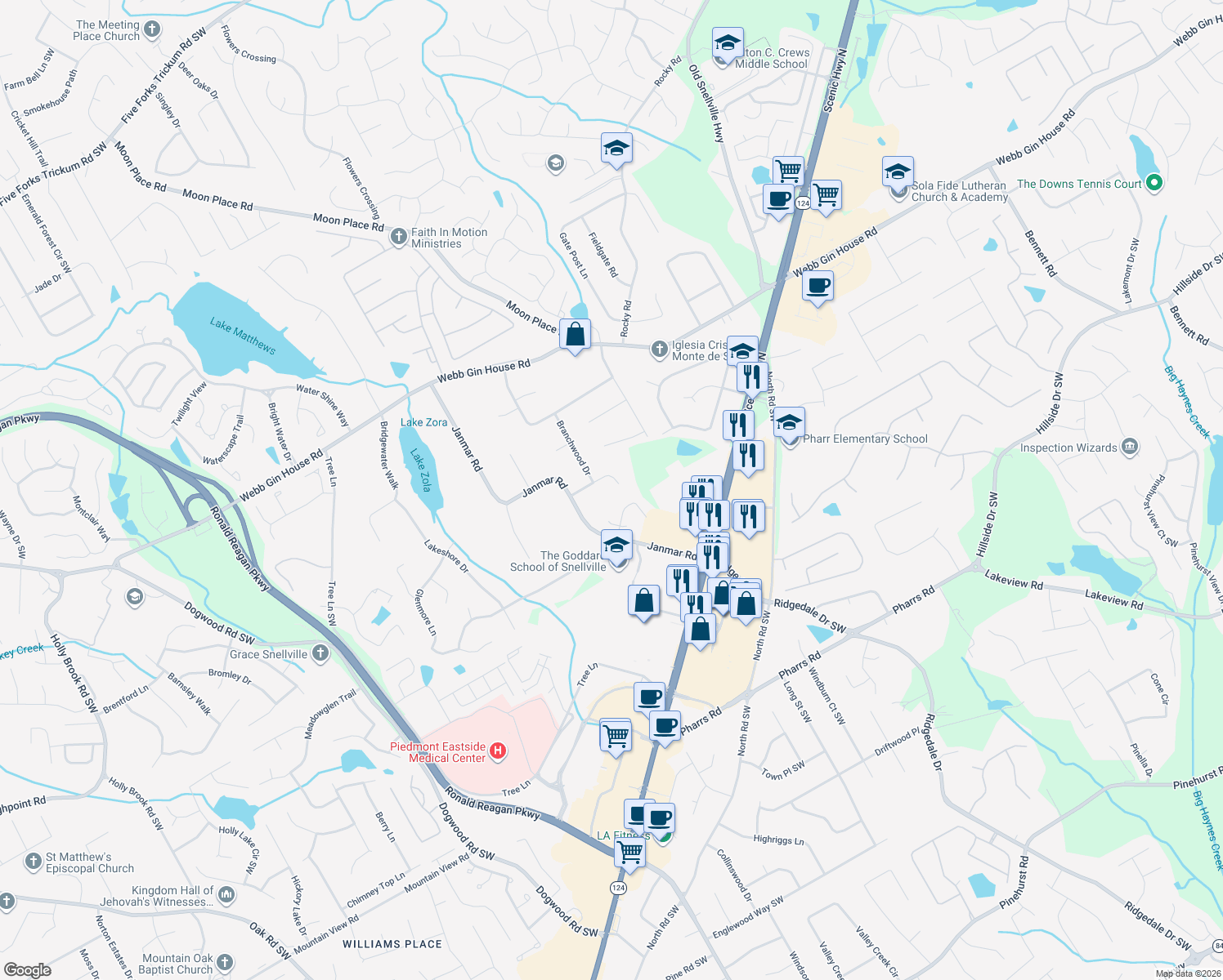 map of restaurants, bars, coffee shops, grocery stores, and more near 1884 Raintree Court in Snellville