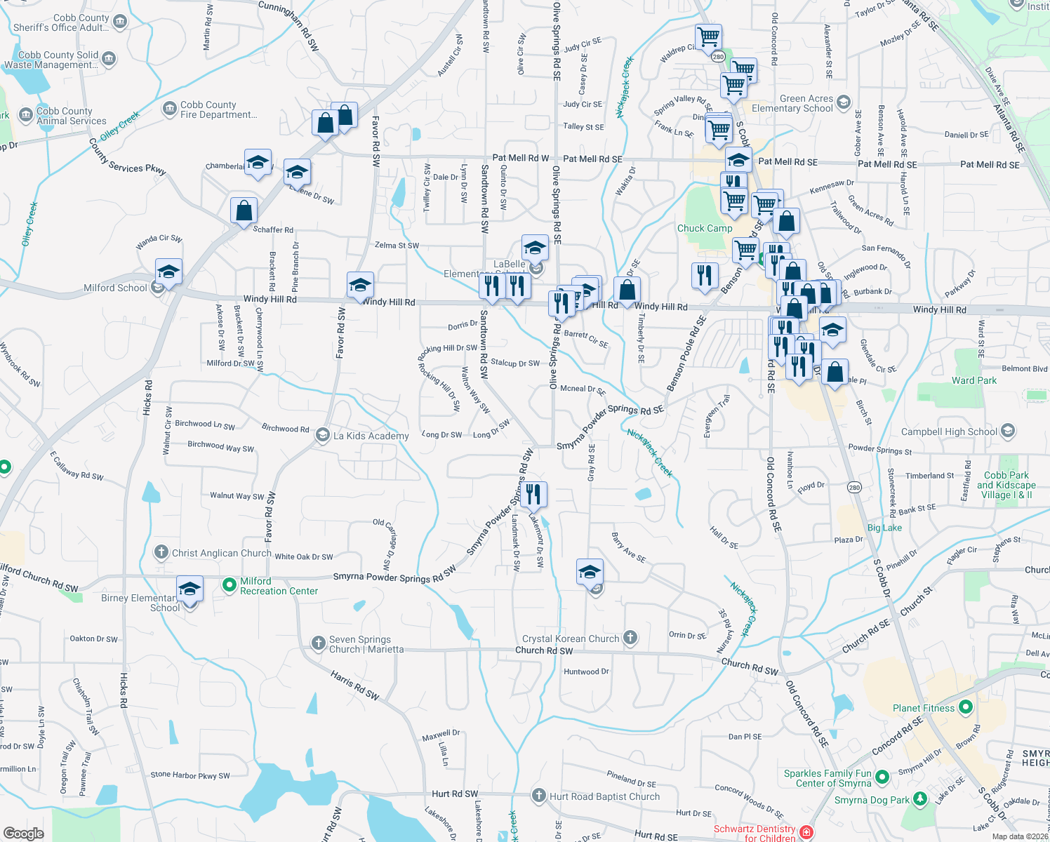map of restaurants, bars, coffee shops, grocery stores, and more near 2649 Sandtown Road Southwest in Marietta